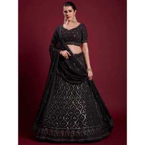 Lehenga Choli Negro de Georgette con Bordado de Hilo y Gota Patti, Conjunto de Boda para Mujer, Listo para Usar - Product Image 1