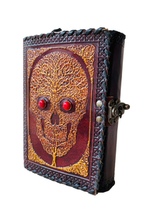 Calavera hecha a mano del Día DE LOS Muertos en relieve con dos piedras Rojas, cuaderno de tapa dura de cuero genuino con tachuelas Vintage, páginas de arte - Product Image 3