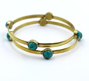 Turquoise Cuff Bangle for <b>Bracelet</b> with 4 Round Shaped 9MM Gemstones Classic Style Brass Jewelry for Weddings Bangle Size 8 - Product Image 1