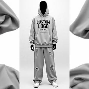 Personalizado 600gsm Baggy Jogger y Sudadera con capucha chándal de gran tamaño Unisex pantalones de chándal conjunto de lana de algodón chándal de los hombres personalizados Sweatsuit - Product Image 5