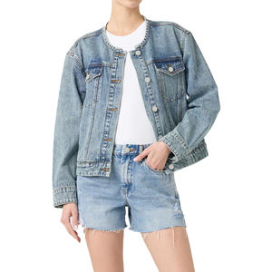 Chaqueta vaquera personalizada para mujer con cuello alto bordado y botón de metal Color sólido Estilo informal de invierno - Product Image 2