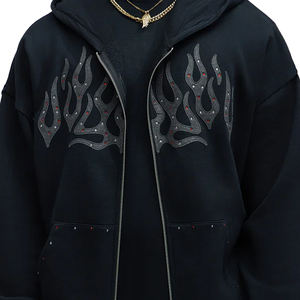 Ensemble sweat à capuche pour homme Rhinestone 100% coton pantalon de survêtement et sweat à capuche ensemble délavé à l'acide surdimensionné avec fermeture éclair complète survêtement avec strass - Product Image 5