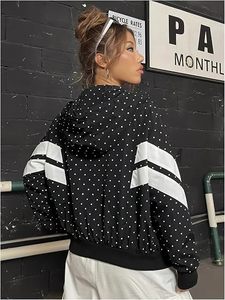 Black Polka Dot Printed Woven Cropped Bomber <b>Jacket</b> <b>Women</b> Zip up Hooded <b>Lightweight</b> Streetwear Outerwear - Product Image 2