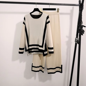 Conjunto Casual de Punto de Lana de Color Sólido y Corte Regular para Otoño, Conjunto de Pantalones Anchos y Jersey para Mujer - Product Image 5