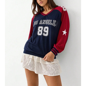 Sudadera Informal Holgada con Cuello en V y Estampado de Letras Personalizado, Sudadera de Mujer con Cuello Acanalado y Manga Larga en Color de Contraste - Product Image 4