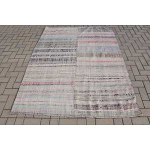 Tapis Turc Vintage Moderne à Rayures Blanches Grande Surface 5.1X6.6 pieds Tapis en Laine pour Salon Couloir Latex Support Lit Utilisation - Product Image 1