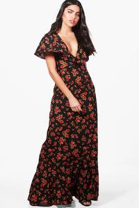 Robe longue en mousseline imprimée grande taille pour femme, col en V, manches courtes, à volants, motif floral, élégante et décontractée, mode estivale - Product Image 3