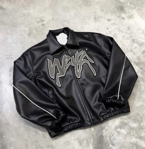 Blouson Bomber en PU pour Homme, Style Streetwear, Col Montant, Fermeture Éclair, Imprimé Lettres sur le Devant, Coupe Droite, Vêtement d'Hiver, Séchage Rapide, Enduit - Product Image 5