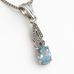 Handmade Minimalist Women's Fine Pendant <b>Necklace</b> <b>Blue</b> <b>Topaz</b> Oval Cut Rhodium Plated Sterling Silver Charm Everyday Wear 1.50g - Product Image 1