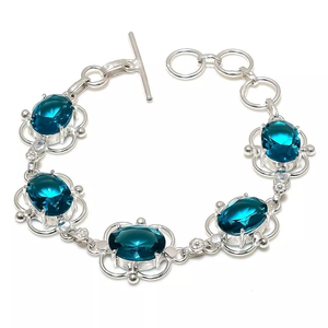 Bracelet en argent Sterling réglable élégant fait à la main pour femmes pierres précieuses Indicolite ovale bleu vert pour fête mariage chrétien - Product Image 2