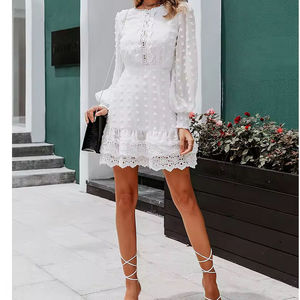 Vestido Casual Elegante de Encaje para Mujer, Color Blanco, para Primavera y Verano, Nuevo, Moderno, Clásico, Cuello Redondo, Manga Larga, Mini, Tejido, Natural, Simple - Product Image 4