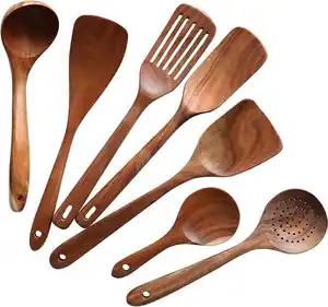 Juego de utensilios de cocina de madera, cuchara de madera de teca natural y espátula para cocinar con agitación a alta temperatura