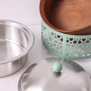 Mint Green Islamic Geometric Cutout Contemporary Arabesque Hot Pot Stainless Steel Interior Durable Wood Bottom <b>Food</b> <b>Warmer</b> 26cm - Product Image 3