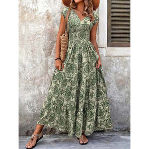 Women's Short-Sleeved Wrap-Around Neckline <b>Elasticated</b> Waist Supreme Maxi <b>Dress</b>, 37496 - patterned - Product Image 3