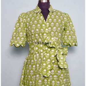 Vestido Midi de Algodón Indio con Estampado a Mano, Cuello en V, para Mujer, Ideal para Fiestas, Mangas Cortas, Corte en A, para Vacaciones de Verano en la Playa - Product Image 4