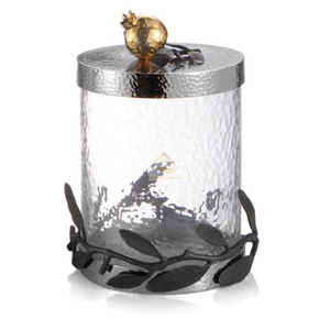 Crystal <b>Glass</b> Snacks and Other Food Storage <b>Canister</b> or Container With Aluminum Cap Hammered Design Leaf Shape Base Black Color - Product Image 1