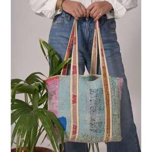 กระเป๋าโท้ทผ้าฝ้ายคันธาวินเทจ นุ่ม เป็นมิตรกับสิ่งแวดล้อม งานฝีมืออินเดีย ลายโบโฮ พร้อมซิป กระเป๋าช้อปปิ้งสำหรับผู้หญิง ใช้ซ้ำได้สำหรับใส่ของชำ - Product Image 4