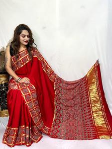 Sari de Georgette de Seda Gajji de Diseño para Mujer, de Alta Calidad, con Estampado Patola, para Ocasiones Especiales, con Bordado Gujarati - Product Image 3
