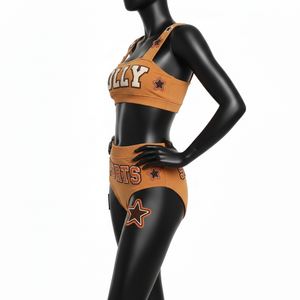 ชุดบิกินี่ผู้หญิง 220 GSM ผ้าโพลีเอสเตอร์ผสมสแปนเด็กซ์เนื้อเนียน สีมัสตาร์ดส้ม ปักลายปะติด พร้อมปักโลโก้ตามสั่ง - Product Image 3