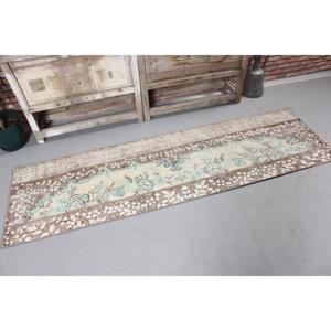 Vintage Turkish Runner Rug 2x6.8 ft, <b>Brown</b> Blue Floral <b>Wool</b> Rug - Product Image 4