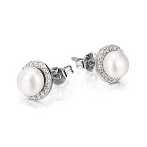 Orecchini a perno con perle d'acqua dolce coltivate e topazio bianco, ispirazione vintage, a forma di sfera, con incastonatura a castone, in lega di zinco resistente, per matrimonio - Product Image 1