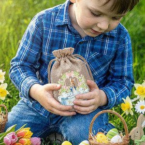 Personalized Cute Bunny Floral Wreath Ribbon Jute <b>Drawstring</b> Gift Bag Casual Name Custom Easter Hunting Party Bag for Boys Girls - Product Image 1