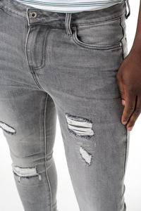 Jean en denim pour homme original, en Spandex/Coton, déchiré, délavé, coupe skinny légère, style streetwear, couleur unie - Product Image 4