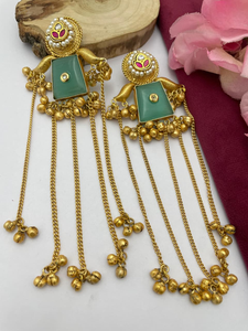 Boucles d'oreilles en laiton traditionnelles indiennes finition Antique bijoux ethniques pour femmes vêtements de fête et de mariage boucles d'oreilles cachemire pour femmes - Product Image 2