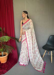 ส่าหรีผ้าฝ้ายสวยๆพิมพ์ลาย katha ทั่วชุดปาร์ตี้ยืดได้ไร้รอยยับ - Product Image 4