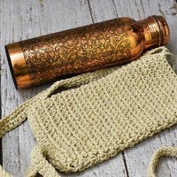 Bouteille artisanale 100% cuivre pur entièrement gravée avec couvercle pour boire directement, vaisselle pour adultes, pour le camping