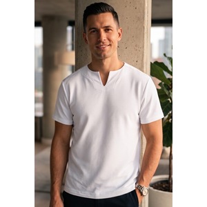 T-shirt pour homme en crêpe noir, style décontracté, coupe ample, col à revers, pour l'été - Product Image 3