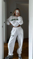Ensemble De Survêtement Deux Pièces Femme Haute Qualité Blanc, Hoodie Court et Pantalon De Jogging, Imprimé Lettres, Tenue Décontractée Streetwear pour l'Automne