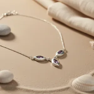 Collier Pendentif Améthyste en Argent 925, Coupe Marquise, Sertissage Clos, Bijou Classique Perlé pour Femme, Mariage, Février - Product Image 3