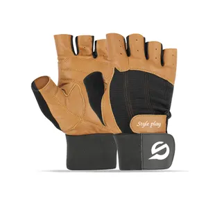 Guantes de gimnasio de cuero marrón sin dedos para levantamiento de pesas, entrenamiento, serie AEGZ - Product Image 2