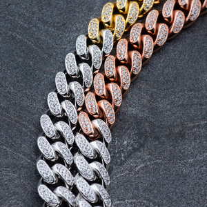 Cadenas de diamante de moissanita de enlace cubano Miami de tres colores de 12MM, cadenas cubanas de oro rosa Amarillo Blanco a la venta desde India - Product Image 3