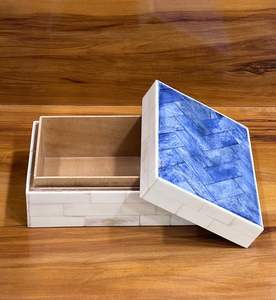 Caja de almacenamiento con incrustaciones de hueso moderna de alta calidad, organizador de joyas de madera blanca y azul, patrón cuadrado, uso de regalo multiusos, artesanías HF - Product Image 4