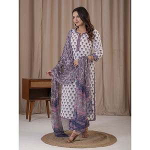 Hand <b>Block</b> <b>Printed</b> White Grey Cotton Kurta Pant Set Ethnic Pakistani-Indian Style Net Fabric for Special Occasions Parties - Product Image 6