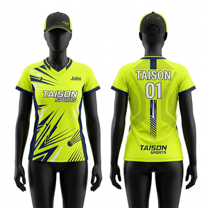 Maillot de badminton pour femme en polyester et élasthanne 150 GSM de qualité supérieure, jaune fluo avec empiècements bleu marine, sublimation personnalisée avec nom et numéro - Product Image 1