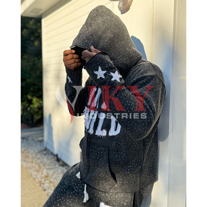 Custom Rhinestone Tracksuits for <b>Men</b> Unisex Flare Tracksuit Distressed Embroidery Design Hoodie and Pants Sets Acid <b>Washed</b> - Product Image 6