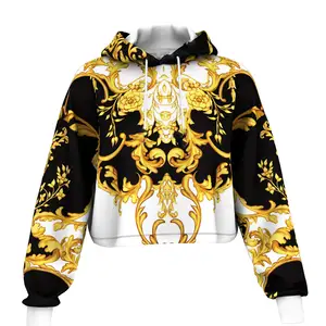 Top Quality Custom Made Women's Hoodie Black & Golden Color Fleece Fabric Sublimation Printed Women's Crop Hoodie
