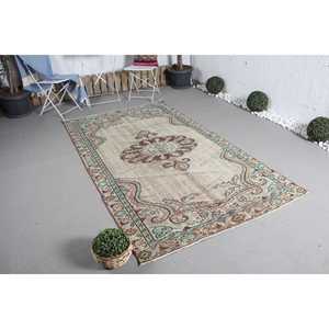 Vintage 4.6x7.9 ft Rug, Area Turkish Rug, <b>Brown</b> Green Floral <b>Wool</b> Rug - Product Image 2