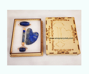 Masajeador de lapislázuli de terapia Natural y juego de GuaSha con caja de madera personalizada, masajeador facial de piedra de cristal de alta calidad - Product Image 1