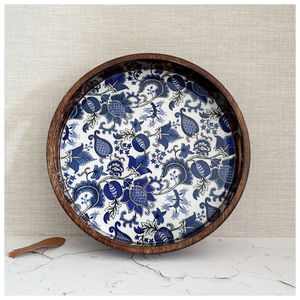 Plateau de service en bois de forme ronde fait à la main avec revêtement en émail brillant et poignée décorative imprimée - Product Image 3