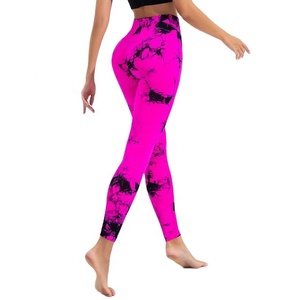 กางเกงโยคะเอวสูงสำหรับผู้หญิงกางเกงรัดรูปเอวสูงเลกกิ้งเล่นกีฬาโยคะไร้ตะเข็บเอวยางยืดลายมัดย้อม - Product Image 1