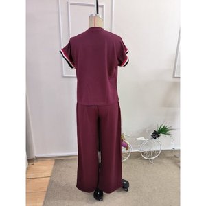 Conjunto de Dos Piezas para Mujer, Blusa de Manga Corta con Cuello Redondo y Pantalones de Viscosa Acanalada de Dos Hilos, 36543 - Borgoña - Product Image 6