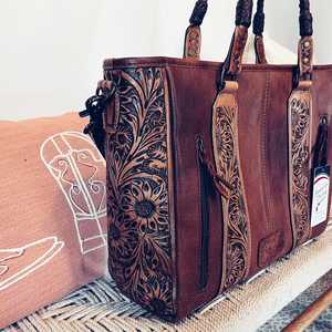 High Quality Women's Natural Cowhide Leather Bohemian Hand <b>Tooling</b> Western <b>Tote</b> <b>Bag</b> Autumn Concealed Carry Tassel Flower - Product Image 2