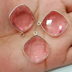 Quartz rose forme de coussin 21mm connecteurs Briolette Hydro Quartz coin simple boucle lunette breloques - Product Image 1