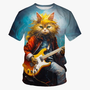 Camiseta de manga corta con cuello redondo de verano para hombre, camiseta transpirable con estampado 3D de bajo de guitarra para gato, ropa de calle informal - Product Image 6