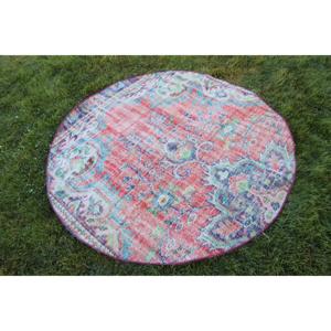Alfombra de 4.7x4.7 pies, Alfombra Turca Vintage, Alfombra a Rayas Rojas y Azules - Product Image 2