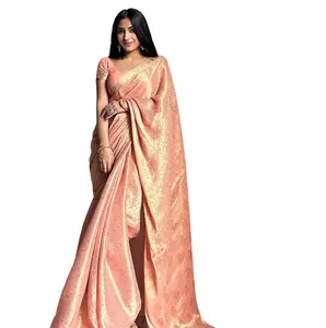 Ropa de fiesta de boda de lujo Diseñador de moda Pure Banarasi Golden Zari Tejido de seda suave Saree del fabricante indio